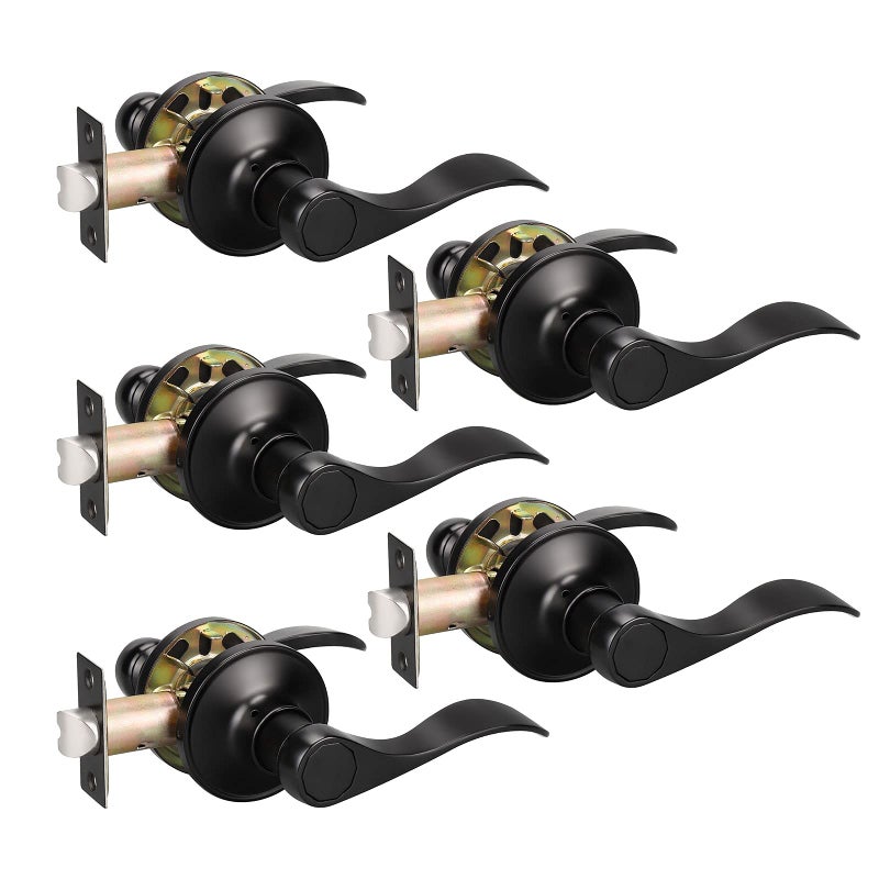 KNOBWELL 5 Pack Passage Door Levers Black Door Handles Interior Hallway Closet Door Lever Handle Without Lock Door Knobs for Left/Right Handing, Matte Black Finish, Drop Lever Shape - Image 1